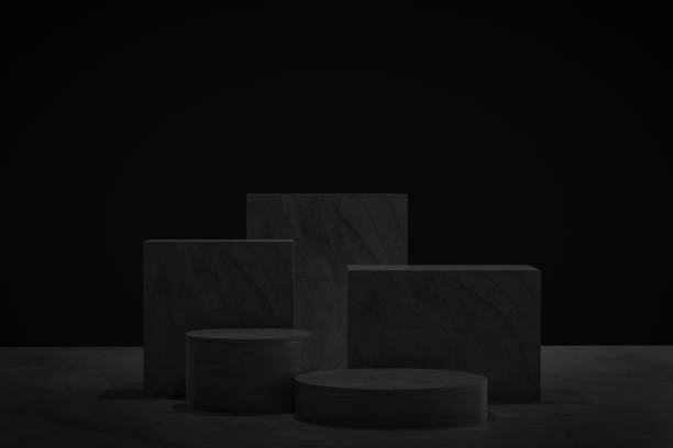 istock 3D Black geometric stage podium. Dark background. 1407054611