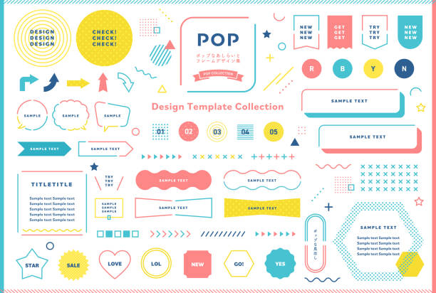 stockillustraties, clipart, cartoons en iconen met retro-pop geometrical pattern and frame design set. open path available. editable. illustrations, vectors, ribbons, banners, templates - infographic elements