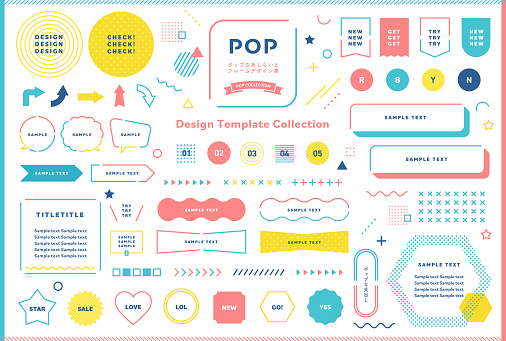 istock Retro-pop geometrical pattern and frame design set. Open path available. Editable. Illustrations, vectors, ribbons, banners, templates 1407057795