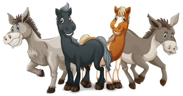 Vector illustration of Horses and donkeys on white background
