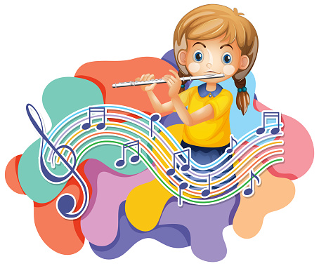 A little girl blowing flute with music notes on white background
