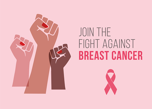 Breast cancer awareness month campaign poster with hands fist protesting. Stock illustration