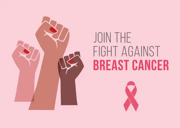 Vector illustration of Breast cancer awareness month campaign poster with hands fist protesting.