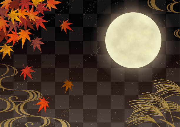 japońska jesienna sceneria księżyca akwarela czarne tło2 - japanese maple illustrations stock illustrations