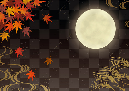 Japanese autumn moon scenery watercolor black background2