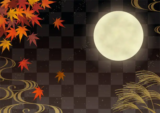 Vector illustration of Japanese autumn moon scenery watercolor black background2