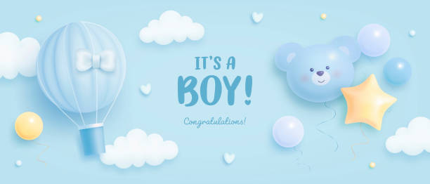 Baby shower horizontal banner with cartoon hot air balloon, helium balloons and clouds on blue background. It's a boy. Vector illustration Baby shower horizontal banner. It's a boy baby shower stock illustrations