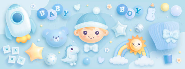 illustrazioni stock, clip art, cartoni animati e icone di tendenza di set doccia realistico per bambini. illustrazione vettoriale di cartone animato bambino, palloncini ad elio, razzo, mongolfiera e fiori isolati su sfondo blu - sun sky child balloon