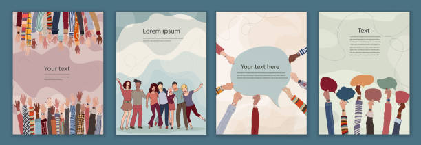 Volunteer people group concept. Editable template. Leaflet - brochure poster. Raised arms and hands of multiethnic people. Diversity. Multicultural people. Hands in a circle.Team concept vector art illustration