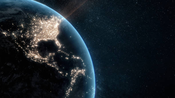 istock Flying over USA at night with city light illumination. View from space. 3D render 1407063087