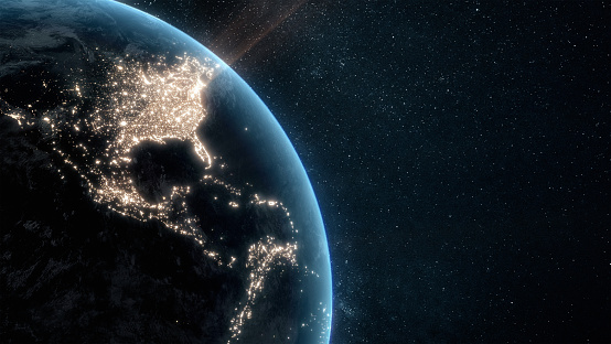 Flying over USA at night with city light illumination. View from space. 3D render