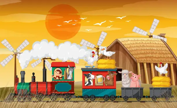 Vector illustration of Train riding with animals at sunset