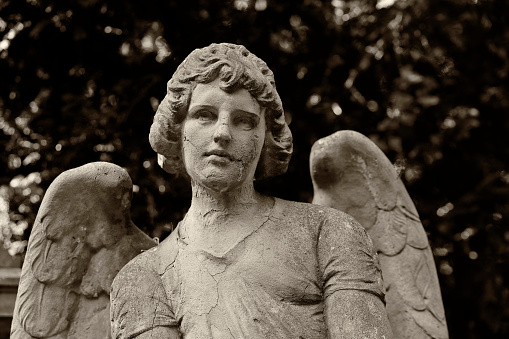 Guardian angel statue forlorn in graveyard