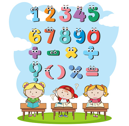 Counting number 0 to 9 and math symbols for kids illustration