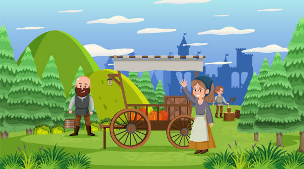 istock Medieval town cartoon scene with villagers 1407067203