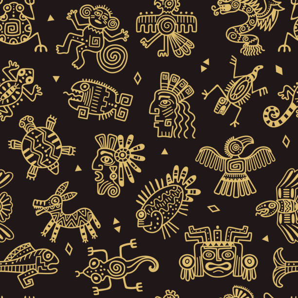ilustraciones, imágenes clip art, dibujos animados e iconos de stock de patrón azteca. símbolos gráficos tribales de colores auténticos objetos mexicanos para diseños textiles vectoriales recientes fondo sin costuras - dibujos de aztecas