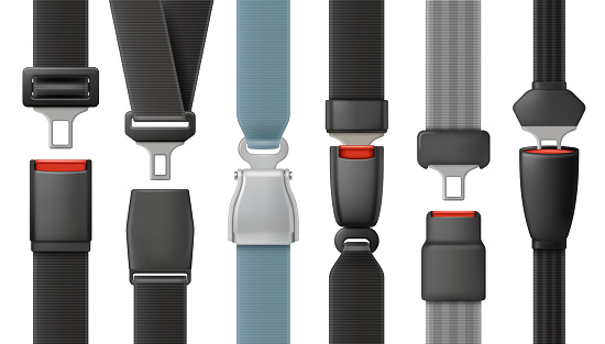 Safety belts. Vehicle airplanes driving belts with lock for save your life in road accident decent vector illustrations in realistic style. Safety warning fasten belt or seatbelt