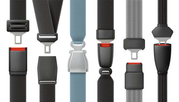 Safety belts. Vehicle airplanes driving belts with lock for save your life in road accident decent vector illustrations in realistic style Safety belts. Vehicle airplanes driving belts with lock for save your life in road accident decent vector illustrations in realistic style. Safety warning fasten belt or seatbelt seat belt stock illustrations
