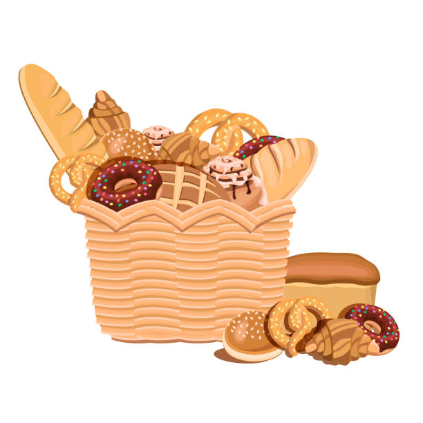 ilustraciones, imágenes clip art, dibujos animados e iconos de stock de cesta de mimbre con pan de bollería, pan, croissant, pretzel, donut.buns con sésamo y canela sobre fondo blanco. la ilustración vectorial de productos de panadería se puede utilizar en textiles, menús de panadería, res - pretzel sesame vector snack