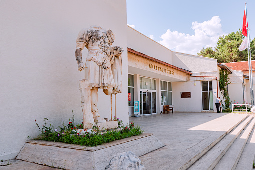 28 May 2022, Antalya, Turkey: entrance to the archaeological museum with exhibits from Lycian ancient cities