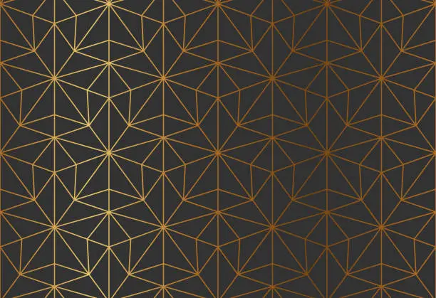 Vector illustration of Golden star thin line geometric seamless patern, elegant abstract wrapping paper design. Starry shape lace luxury fabric pattern design. Gold Christmas style holiday dark triangle background