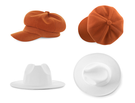 Set with different stylish hats on white background. Trendy headdress