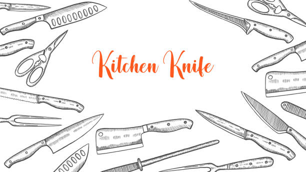 küchenmesser-set-kollektion mit handgezeichneter skizze für hintergrund-banner-template-poster - knife table knife kitchen knife white background stock-grafiken, -clipart, -cartoons und -symbole