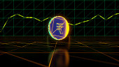 Digital Rupee coin floating on digital surface, growth chart in background. Neon design. 3D render.