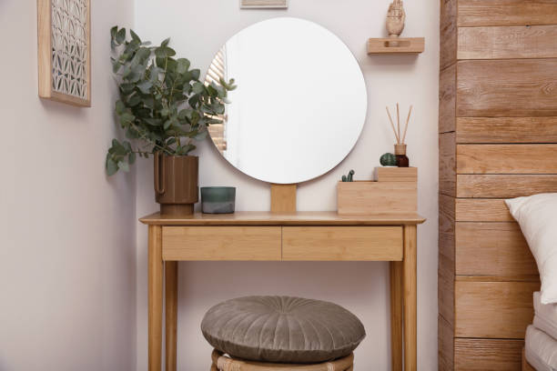 istock Stylish dressing table and mirror near white wall indoors. Interior design 1407072855