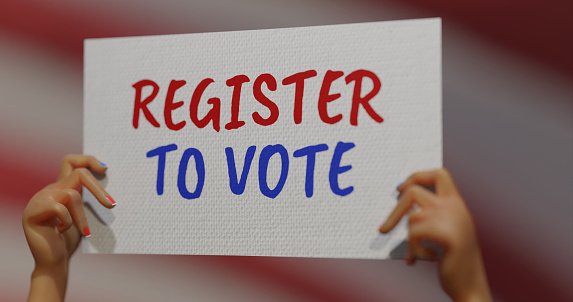 CGI hands showing placard, Register To Vote. 3D render.