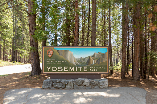Yosemite, USA - May 20, 2022: yosemite entrance signage in Yosemite valley.