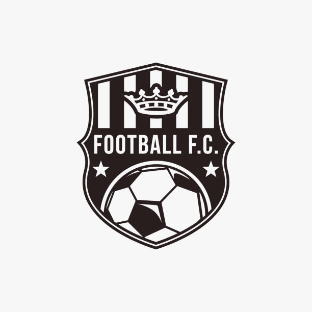 emblemat odznaki piłka nożna drużyna sportowa symbol klubu z tarczą, koroną i ikoną piłki na białym tle - indonesia football stock illustrations