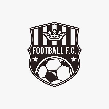 Badge emblem Football soccer sport team club symbol with shield, crown and ball concept icon vector on white background