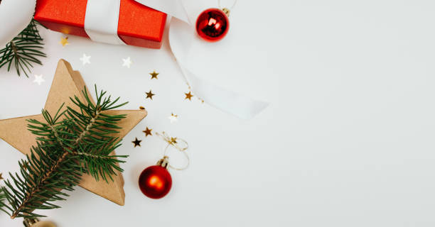 istock Spruce branches, red box and Christmas balls 1407073578
