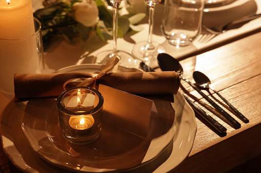 Festive table setting with beautiful tableware and decor, closeup