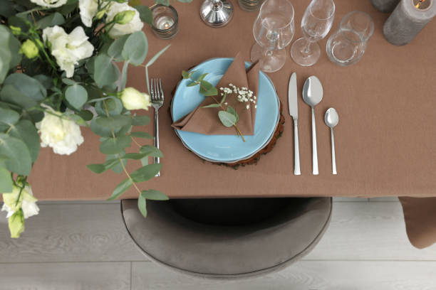 istock Festive table setting with beautiful tableware and decor indoors, top view 1407073699