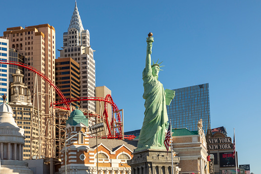 Las Vegas, USA - May 25, 2022: statue of Liberty at New York-New York Hotel and Casino located on Las Vegas Boulevard South, in Paradise, Nevada.