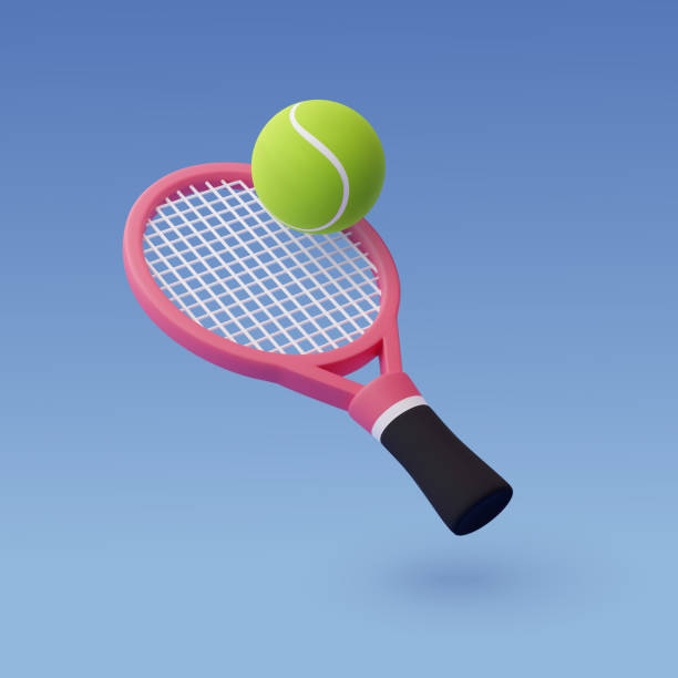 ilustraciones, imágenes clip art, dibujos animados e iconos de stock de raqueta de tenis vectorial 3d con concepto de competición de pelota, deporte y juego. - tennis tennis racket racket tennis ball