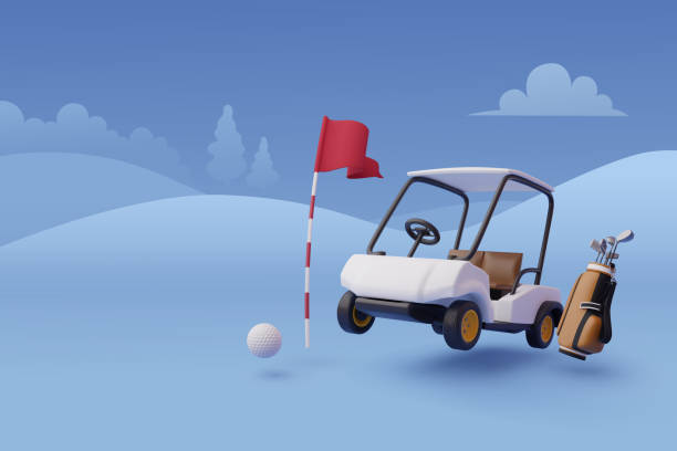 illustrations, cliparts, dessins animés et icônes de vecteur 3d de voiturette de golf, sac de golf et drapeau de golf, concept de compétition sport et jeu. - golf cart golf bag horizontal outdoors