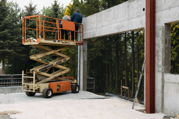 Scissor Lift Platform with workers on a construction site near the wall