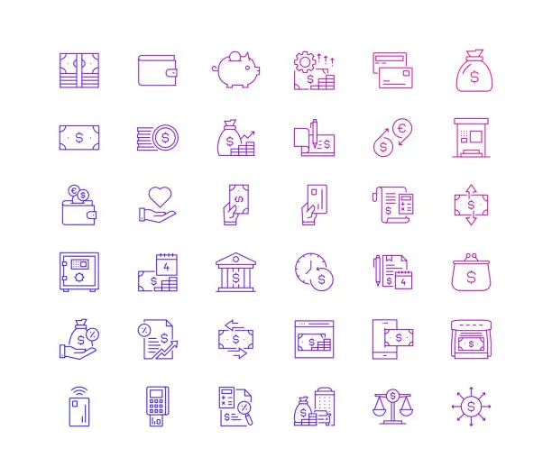 Vector illustration of Simple Set of Money Related Vector Thin Line Icons. Outline Symbol Collection