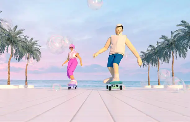 Photo of Metaverse avatar young man and young woman skateboarding in the virtual summer beach view scene. Future innovations, game and sports concept.