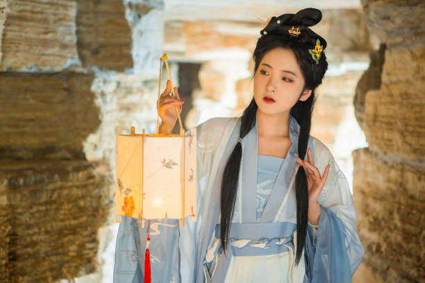 Chinese beauties carrying lanterns in caves
