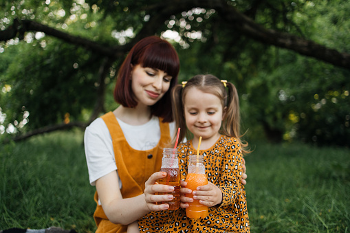 Picnic in summer park. Close up portrait of single mom with little daughter is engaged in drinking juice while resting outdoor.