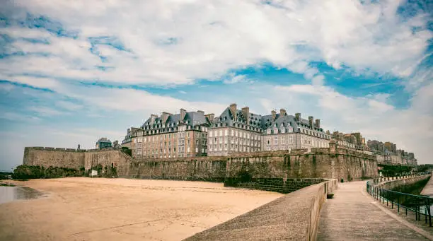 The walled city of Saint-Malo on the coast of Brittany France. The fort is a medieval fortress with a turbulent history and is currently a popular tourist attraction.