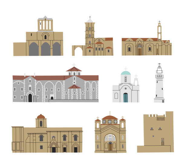 Vector color hand drawn illustration with Cyprys churches and monasteries. Stone Orthodox Christian Greek Arhitecture buildings set Vector color hand drawn illustration with Cyprys churches and monasteries. Stone Orthodox Christian Greek Arhitecture buildings set Abbey stock illustrations