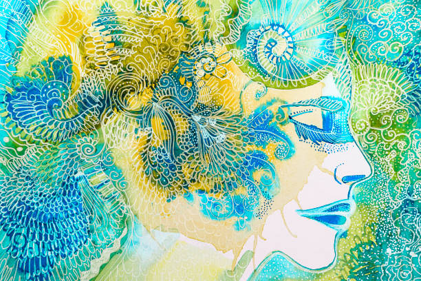 花柄の髪の美しい女性の水彩画 - single flower flower illustration and painting floral pattern点のイラスト素材／クリップアート素材／マンガ素材／アイコン素材