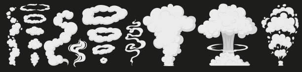 Smog smell collection, puff smoke, explosion elements Smog smell collection, puff smoke, explosion elements. Steaming cloud flows, clouds vector illustrations set. Cartoon smoke or dust clouds, smoke puff, stream cloud elements. Steaming dust silhouettes smoke stock illustrations