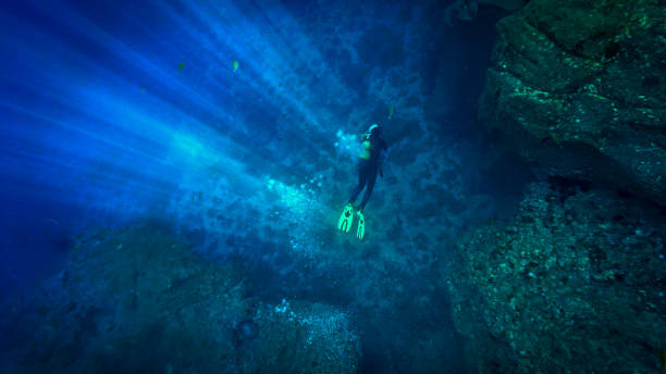 istock Scuba diver in the deep and in rays of sunlight 1407082915