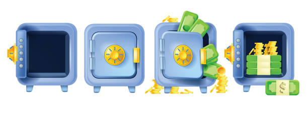 3d-safe-icon-set, vektorbankgeld offene eisenbox, geschlossener isolierter tresor, goldener münzstapel, schloss. - coin bank cash box safety deposit box lock stock-grafiken, -clipart, -cartoons und -symbole